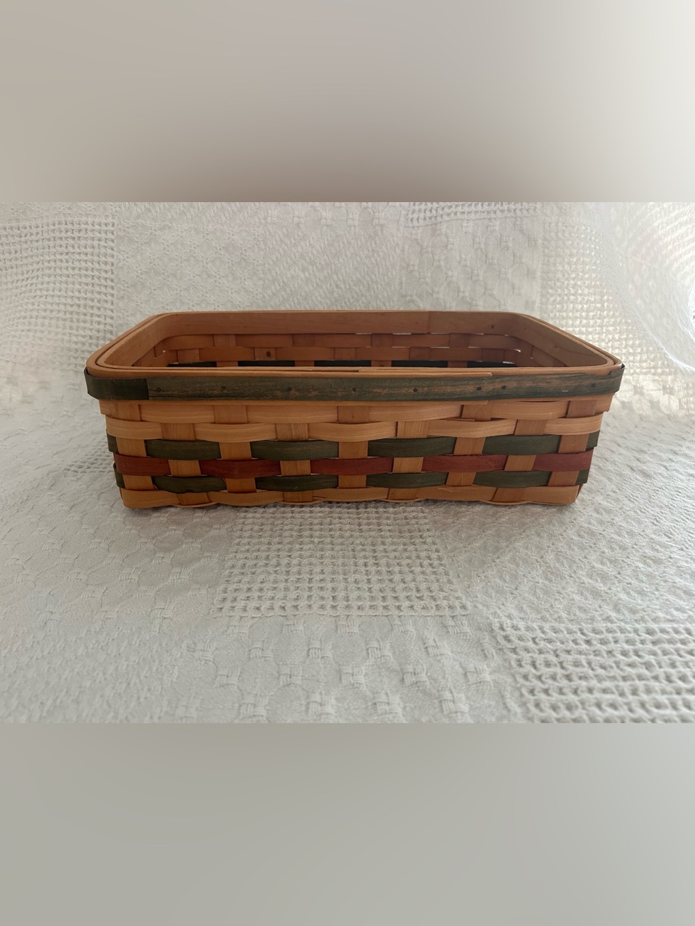 Handwoven Natural Wood Tray Basket with Green and Red Accents